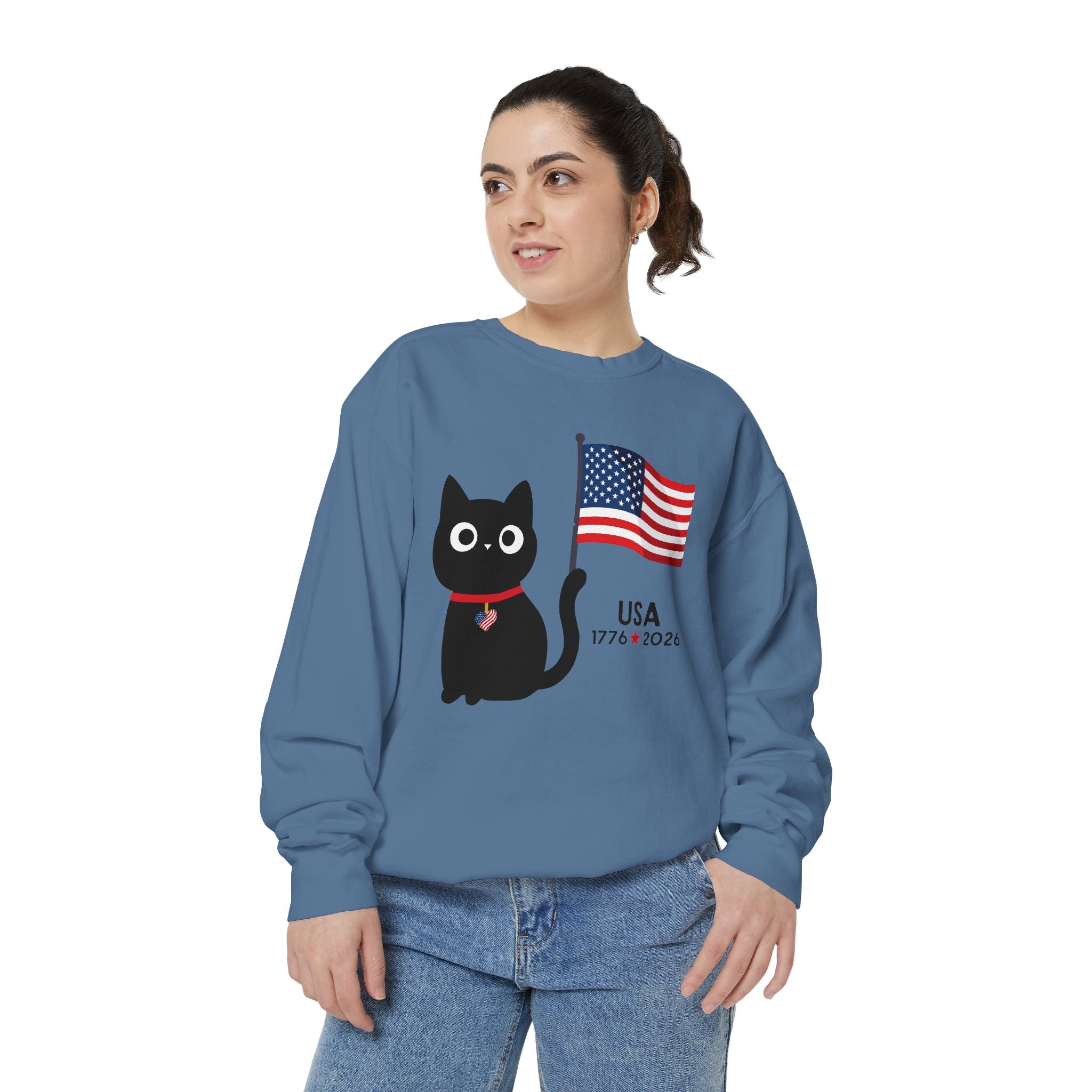Patriotic Black Cat Sweatshirt — USA Flag 1776–2026