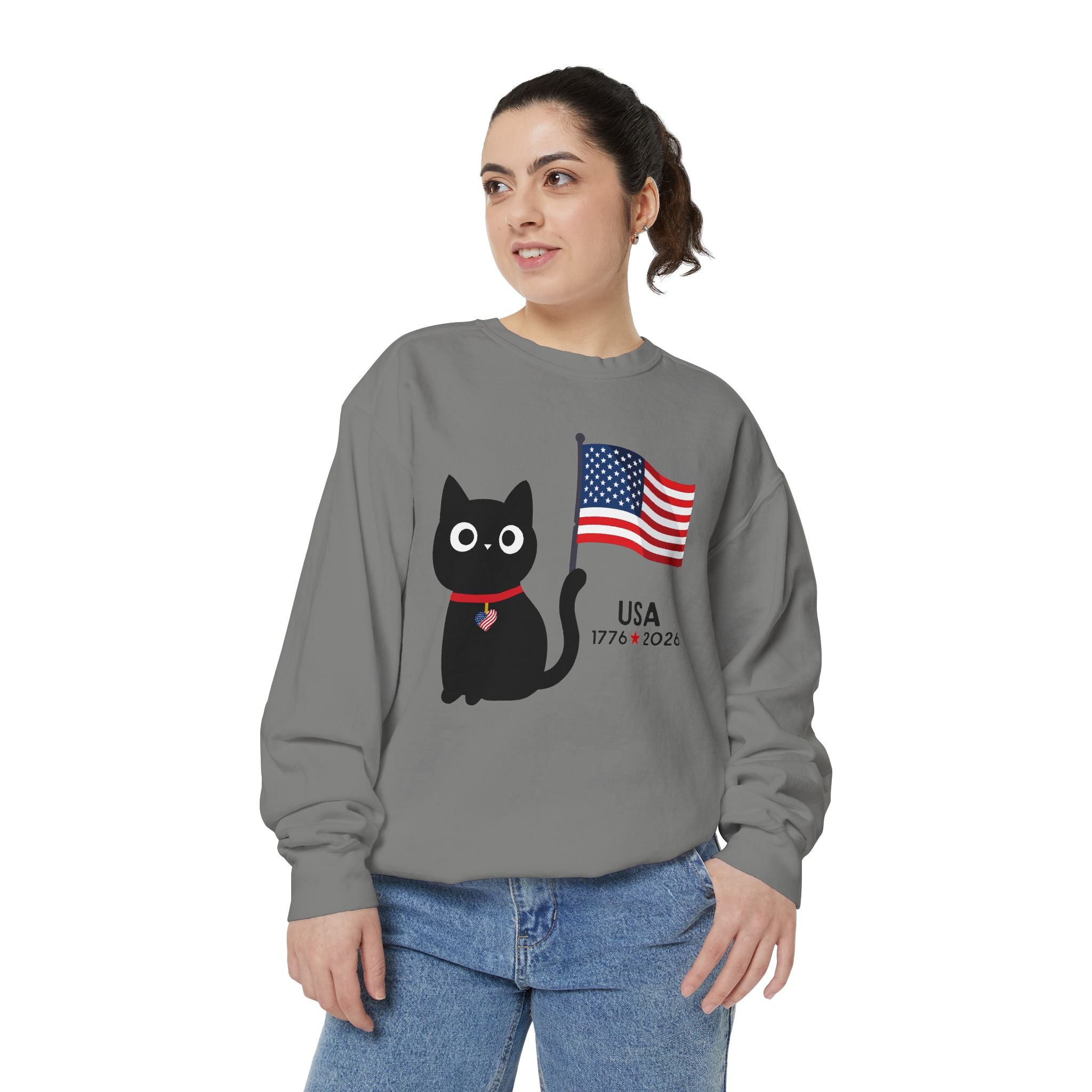 Patriotic Black Cat Sweatshirt — USA Flag 1776–2026