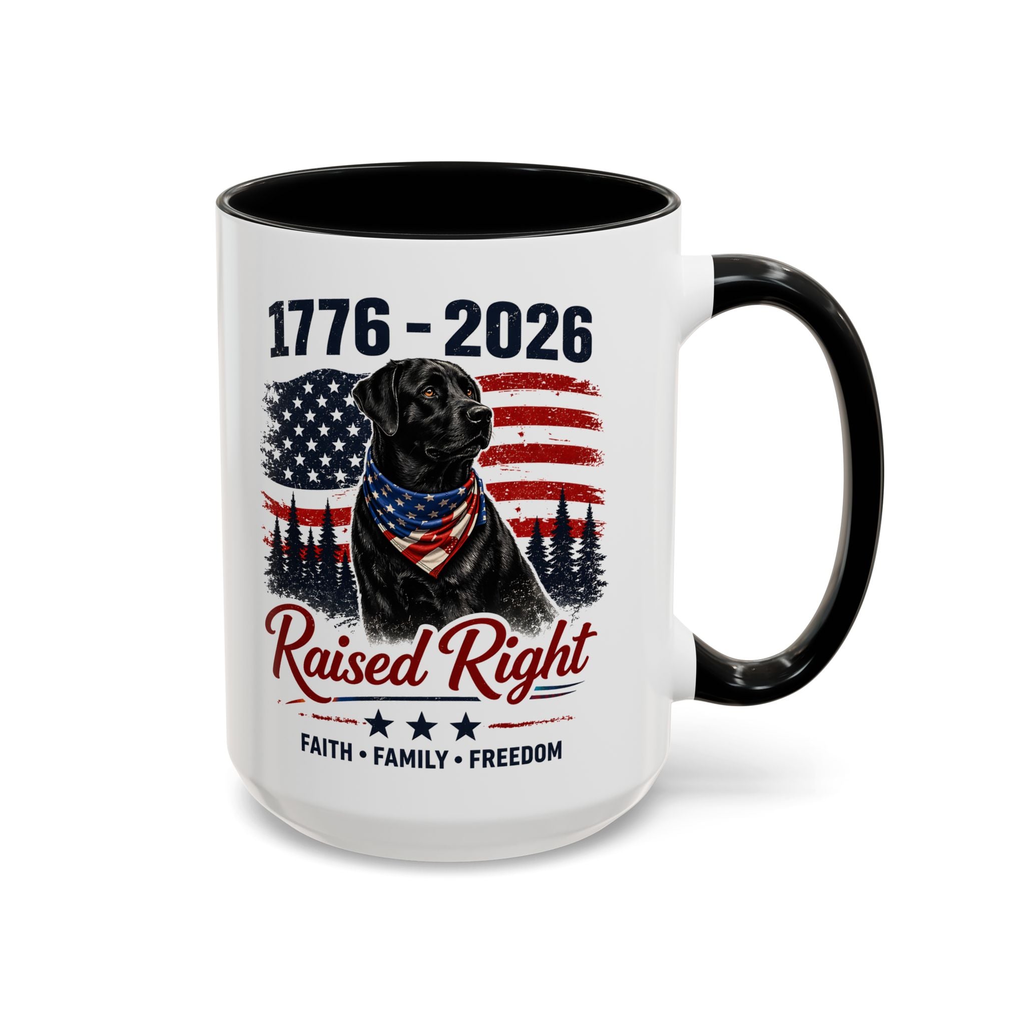 Raised Right Black Lab Coffee Mug — Patriotic 1776–2026 American Flag Dog Mug