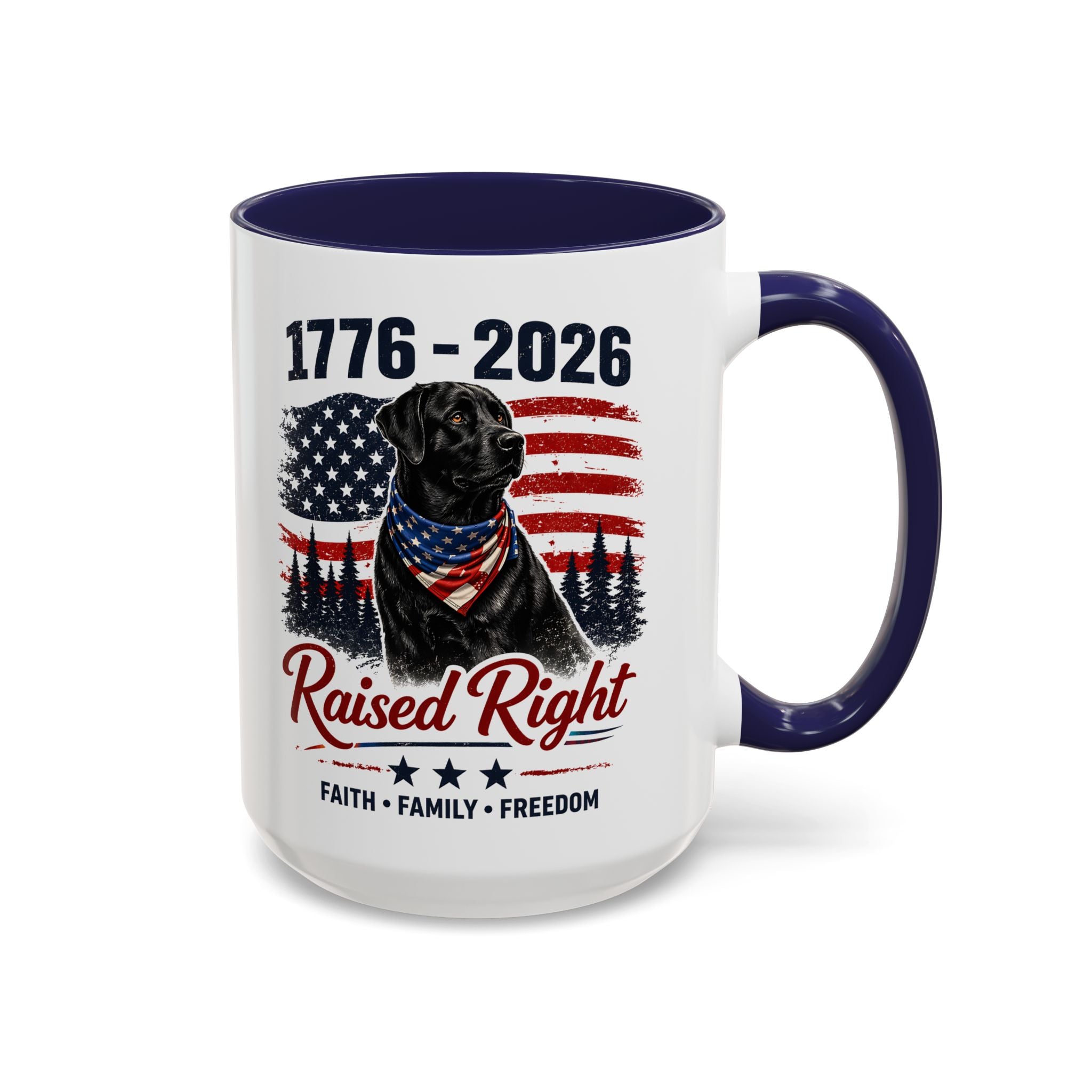 Raised Right Black Lab Coffee Mug — Patriotic 1776–2026 American Flag Dog Mug