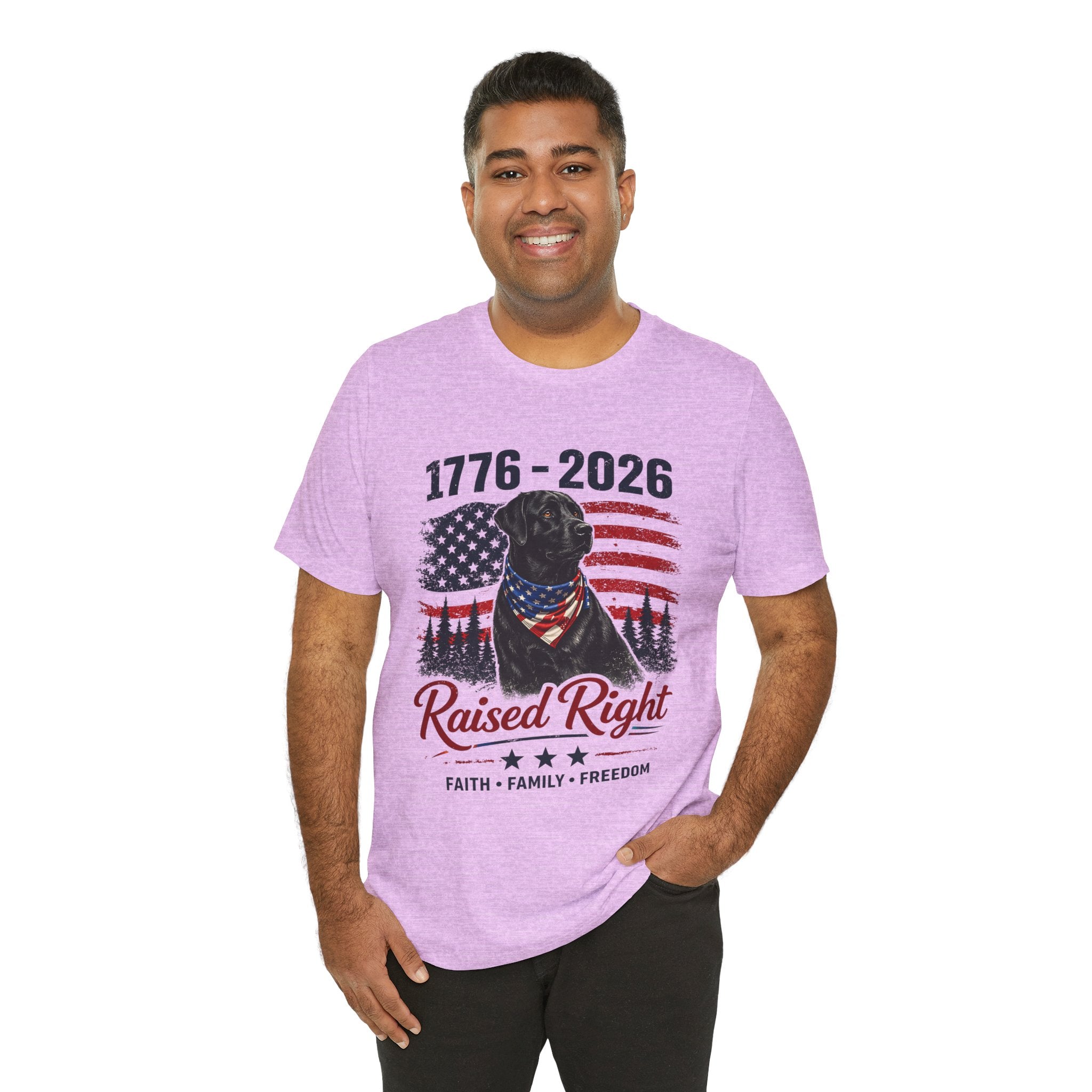 Raised Right Black Lab T-Shirt – 1776–2026 American Flag, Faith • Family • Freedom
