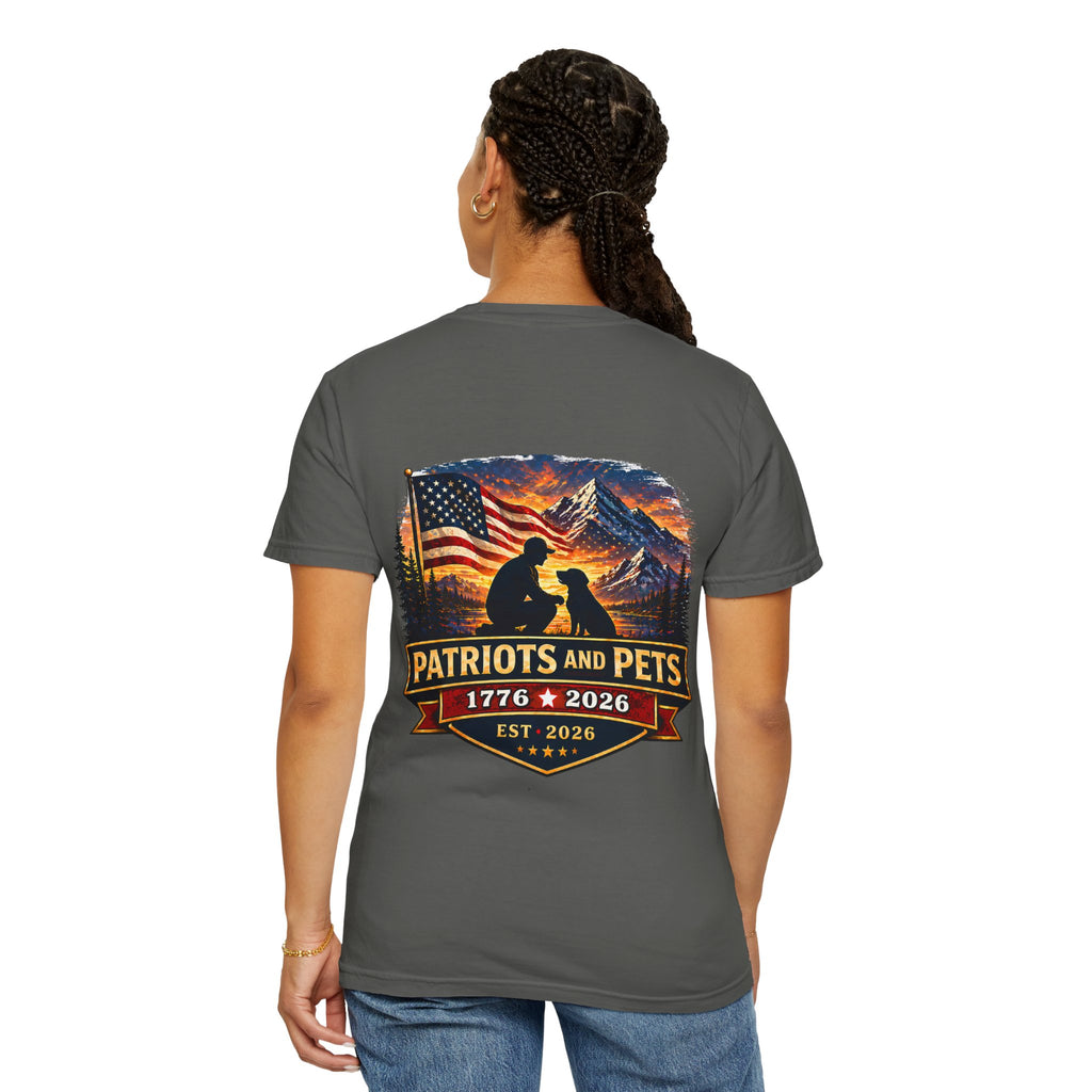 Patriots and Pets T-Shirt – 1776–2026 American Flag & Dog Tribute Tee