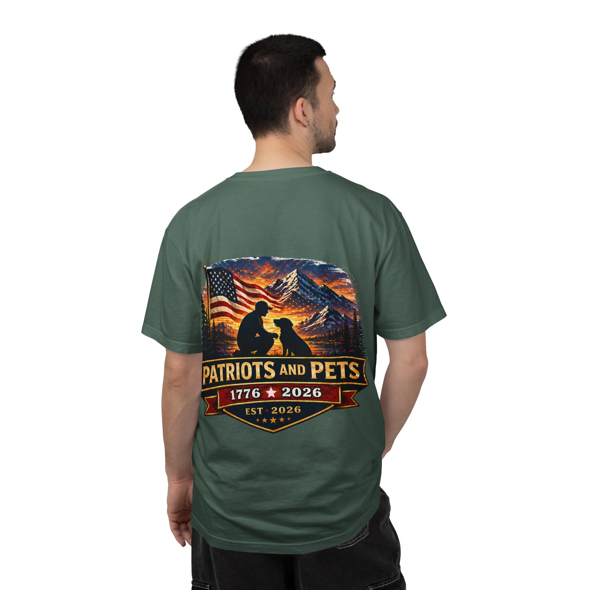 Patriots and Pets T-Shirt – 1776–2026 American Flag & Dog Tribute Tee
