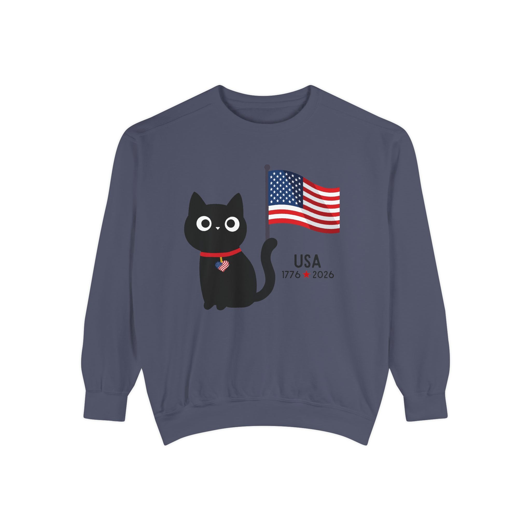 Patriotic Black Cat Sweatshirt — USA Flag 1776–2026