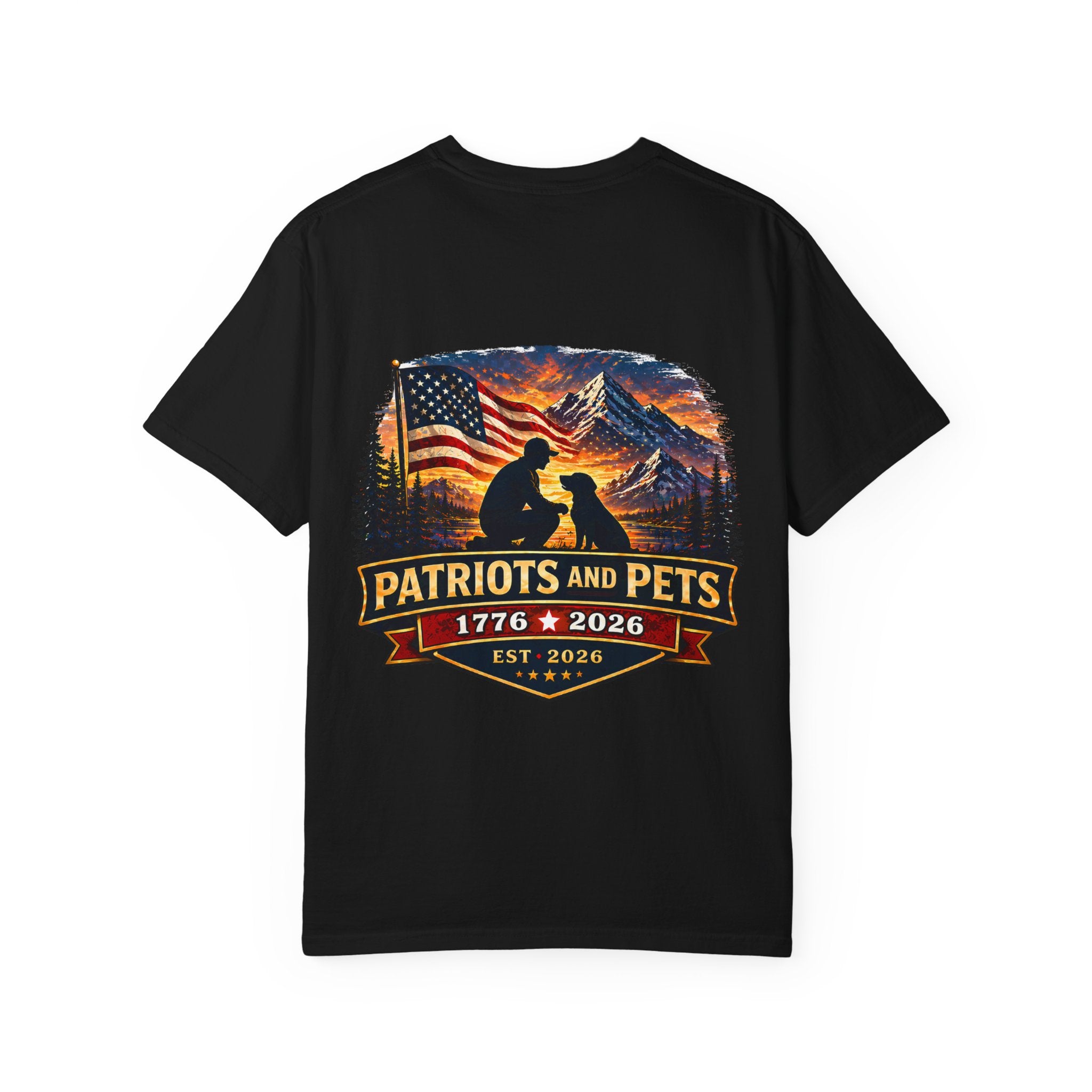 Patriots and Pets T-Shirt – 1776–2026 American Flag & Dog Tribute Tee