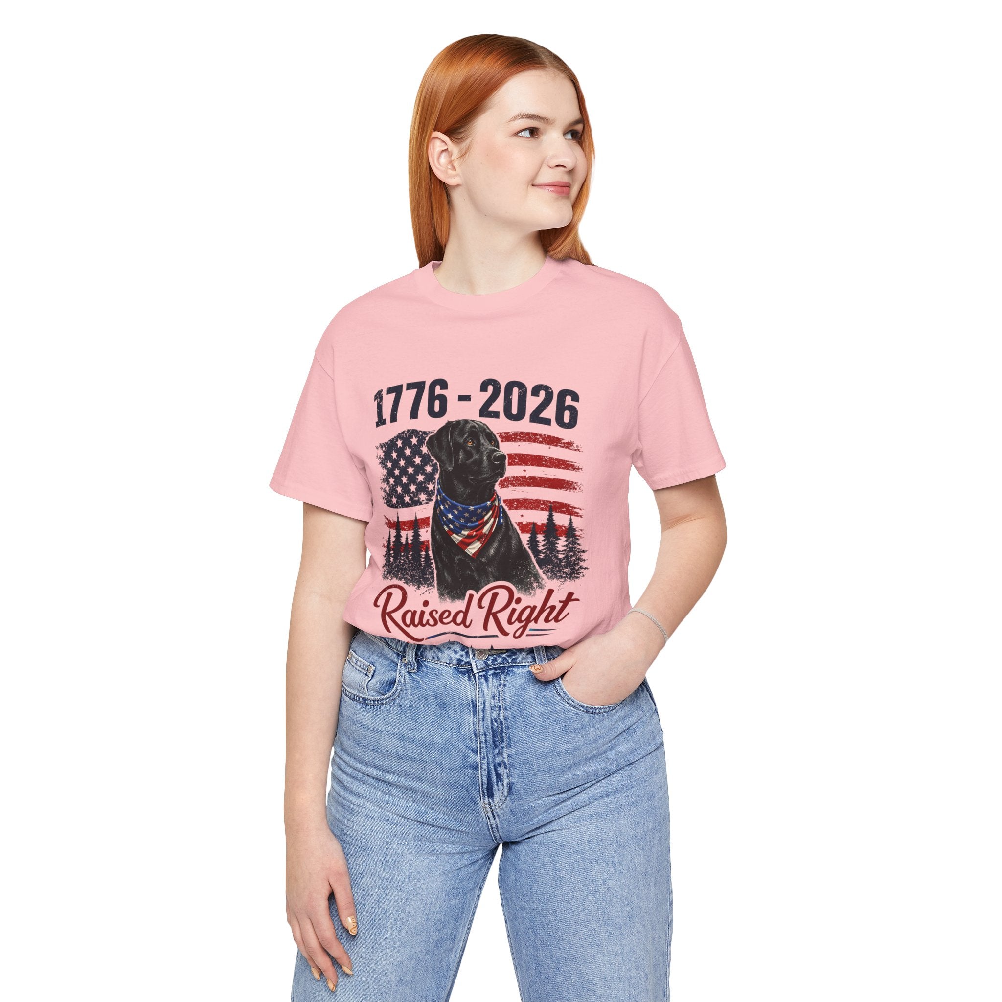 Raised Right Black Lab T-Shirt – 1776–2026 American Flag, Faith • Family • Freedom