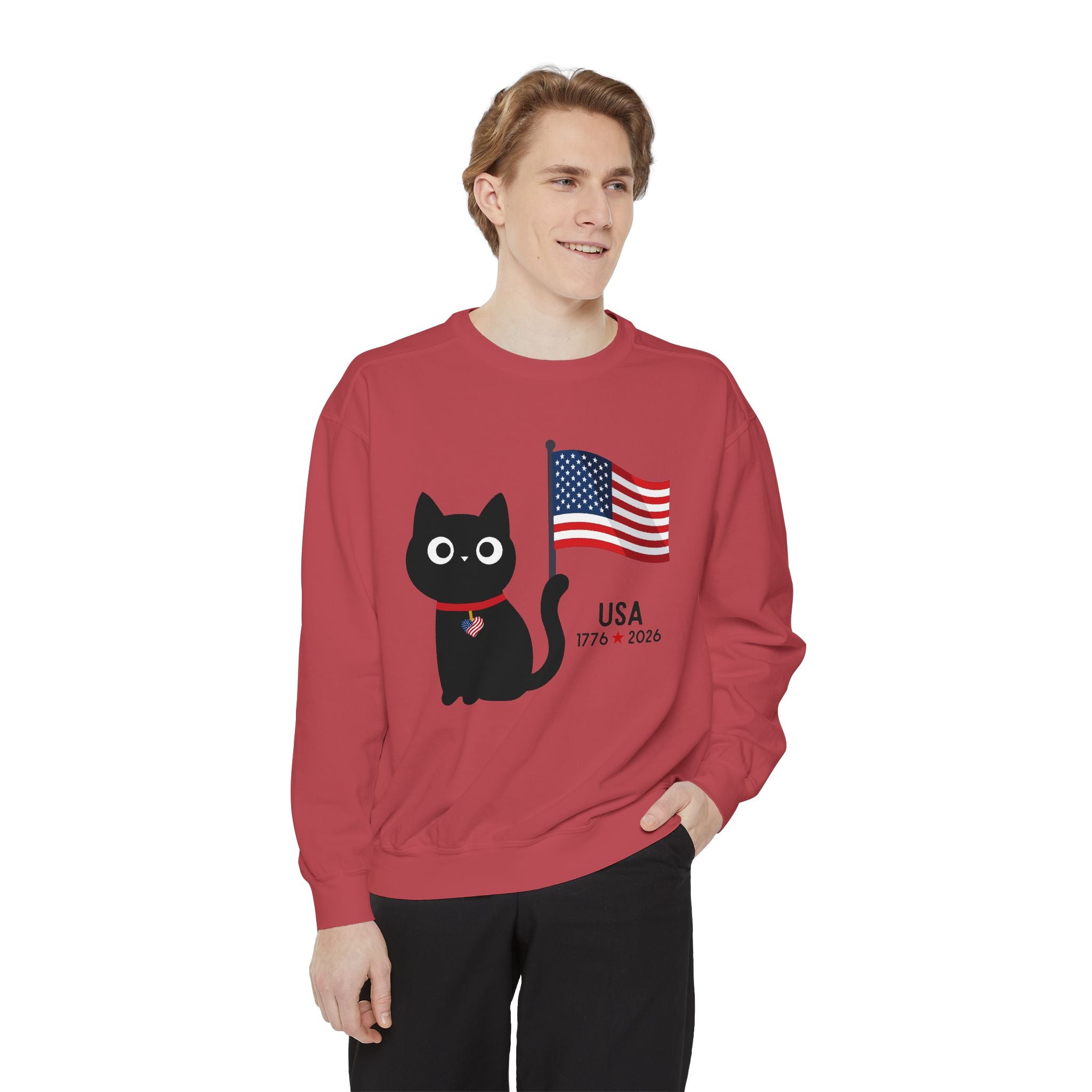 Patriotic Black Cat Sweatshirt — USA Flag 1776–2026