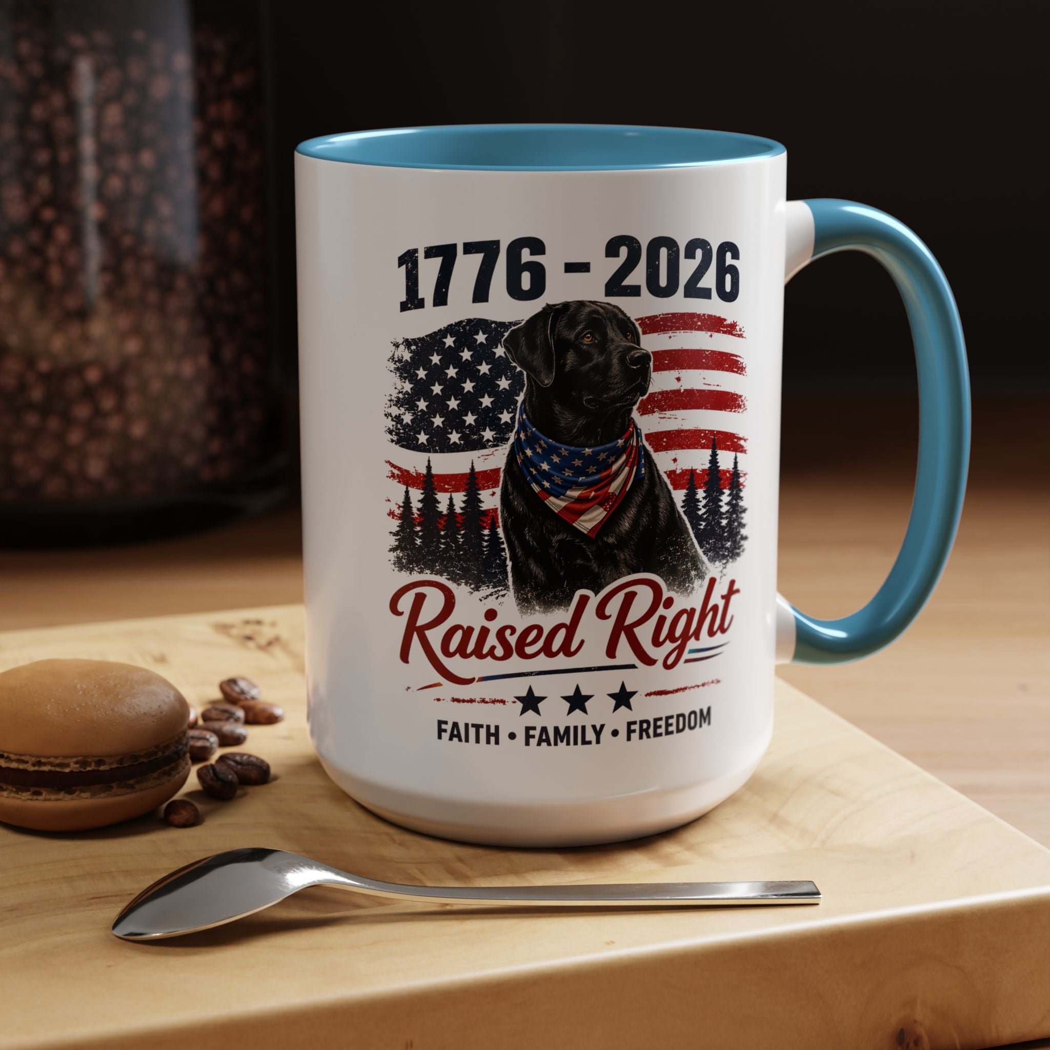 Raised Right Black Lab Coffee Mug — Patriotic 1776–2026 American Flag Dog Mug