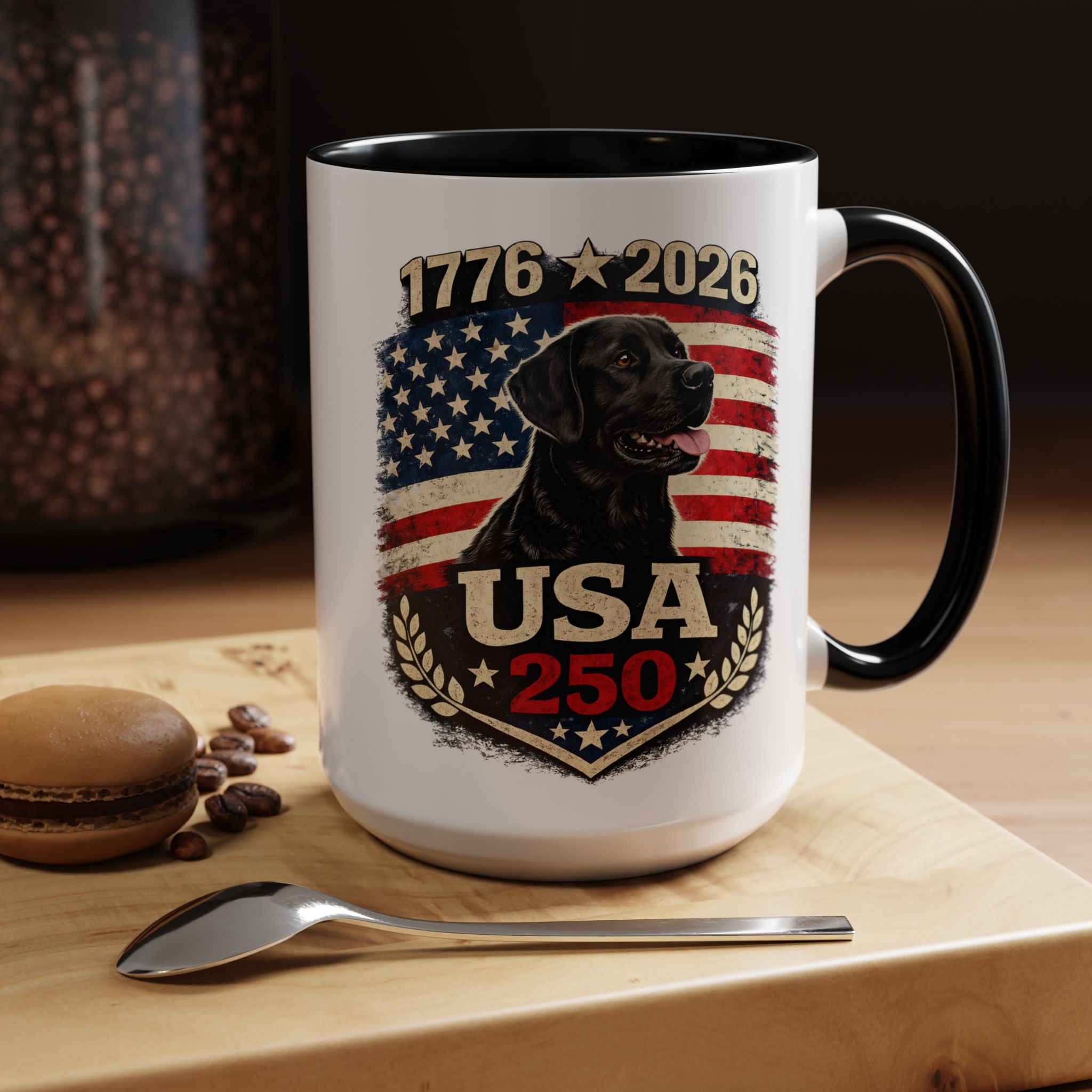 USA 250 Black Lab Coffee Mug — 1776–2026 Patriotic 11/15oz Accent Mug