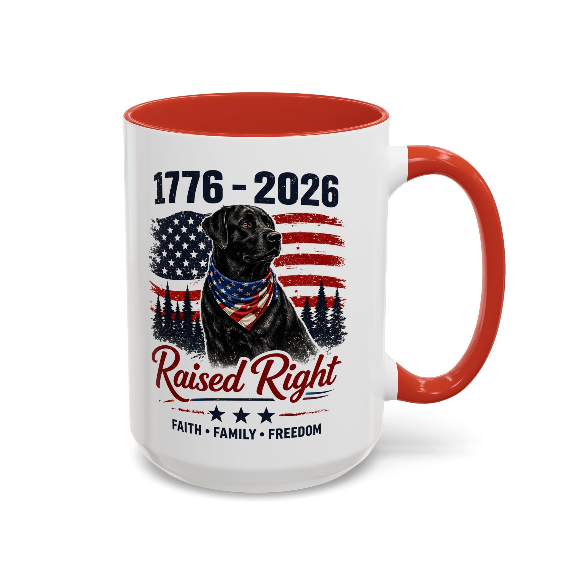 Raised Right Black Lab Coffee Mug — Patriotic 1776–2026 American Flag Dog Mug
