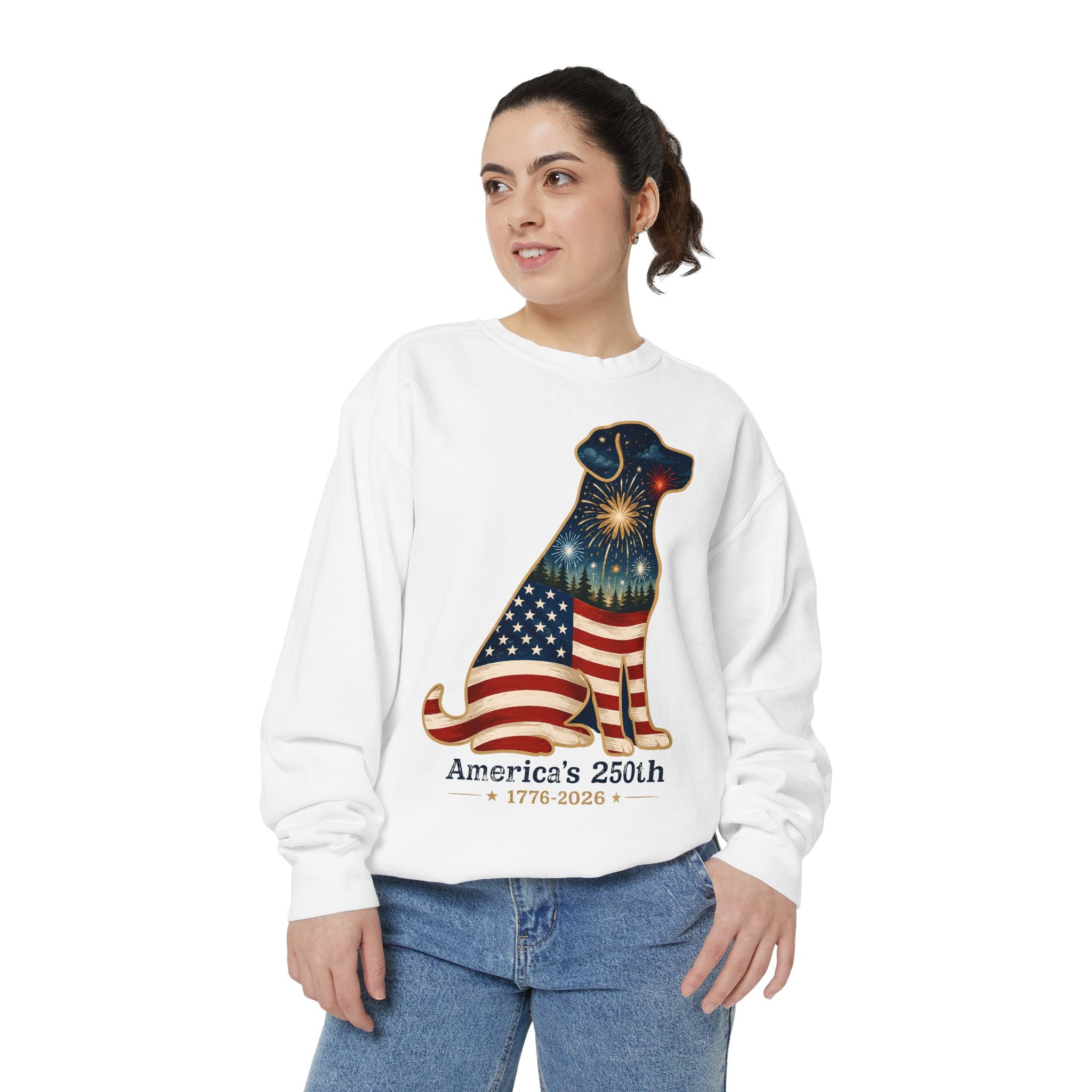 Dog Patriotic Sweatshirt – "America's 250th" Flag Labrador Crewneck