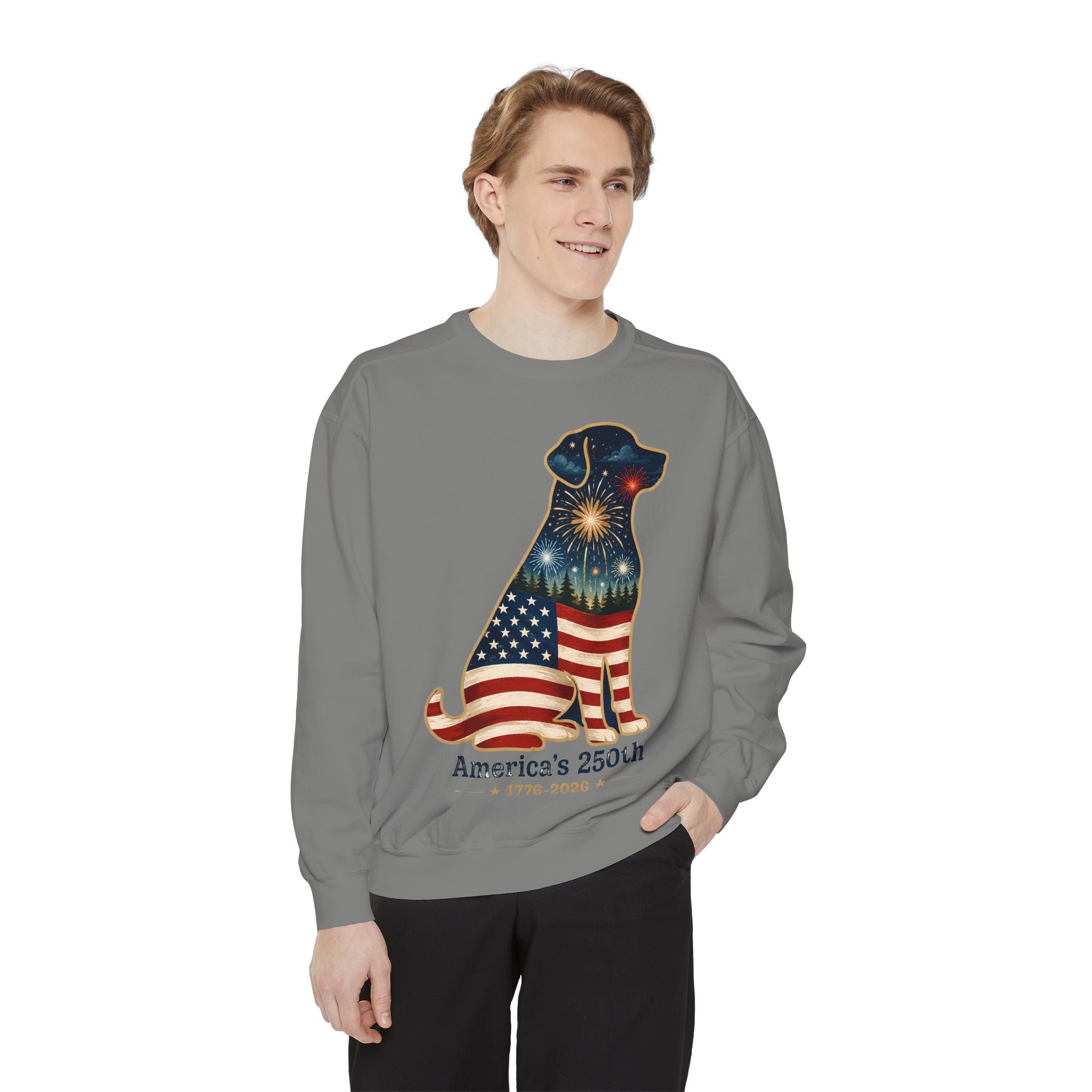 Dog Patriotic Sweatshirt – "America's 250th" Flag Labrador Crewneck