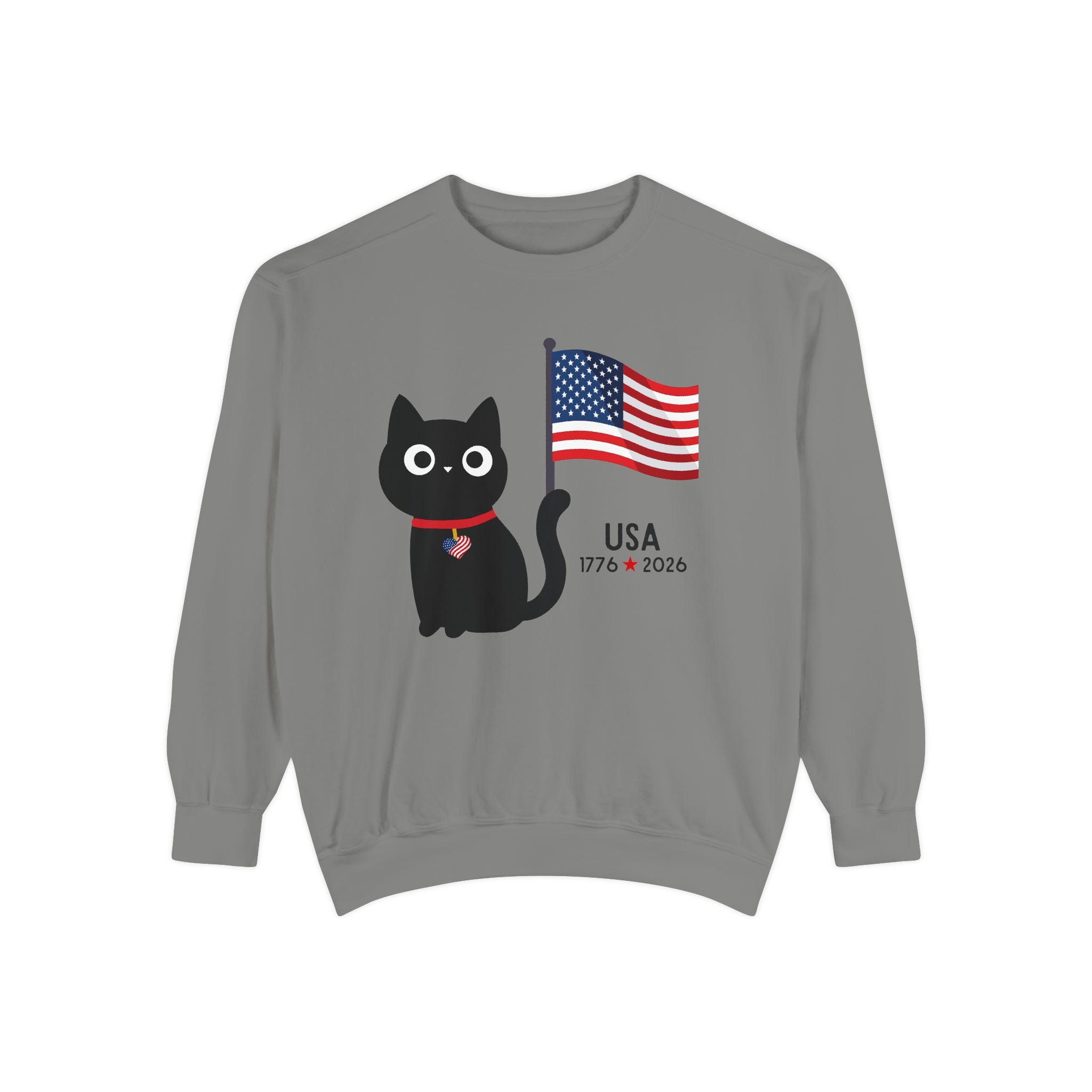 Patriotic Black Cat Sweatshirt — USA Flag 1776–2026