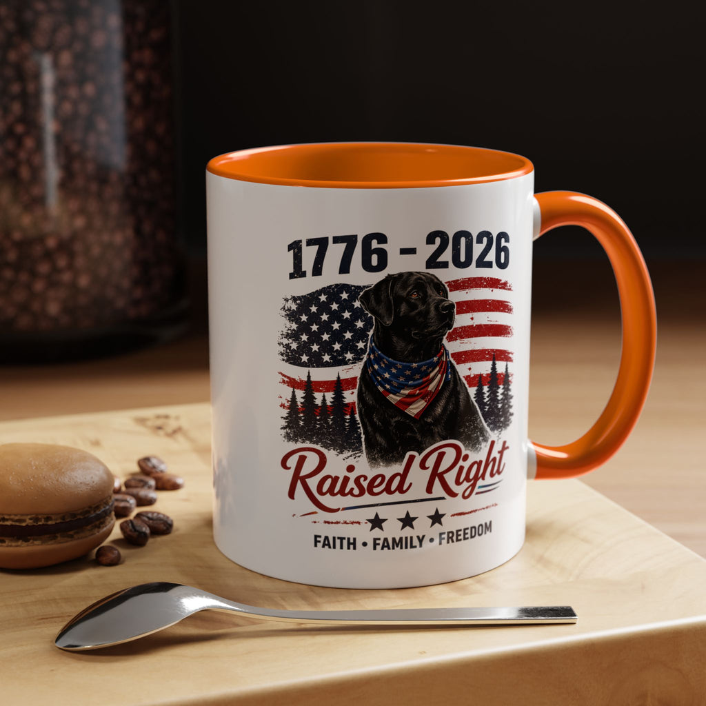 Raised Right Black Lab Coffee Mug — Patriotic 1776–2026 American Flag Dog Mug