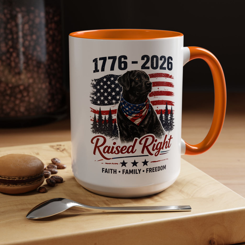 Raised Right Black Lab Coffee Mug — Patriotic 1776–2026 American Flag Dog Mug