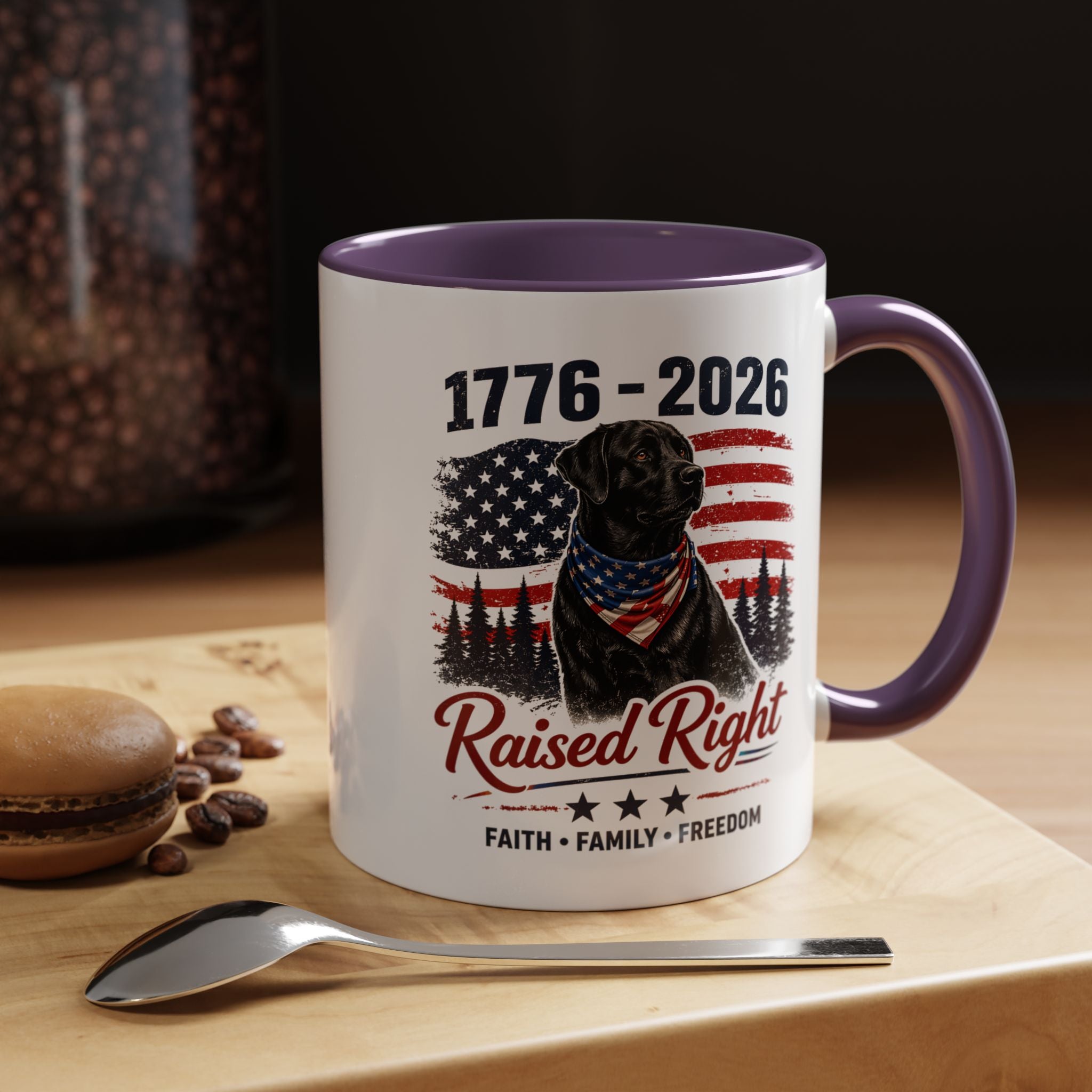 Raised Right Black Lab Coffee Mug — Patriotic 1776–2026 American Flag Dog Mug