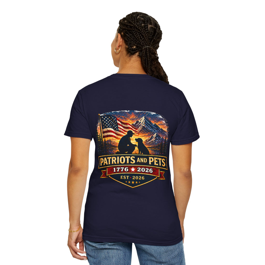 Patriots and Pets T-Shirt – 1776–2026 American Flag & Dog Tribute Tee