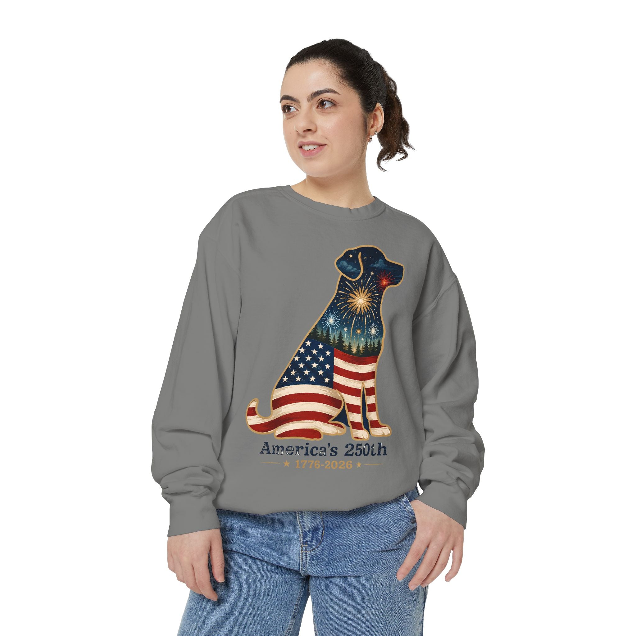 Dog Patriotic Sweatshirt – "America's 250th" Flag Labrador Crewneck