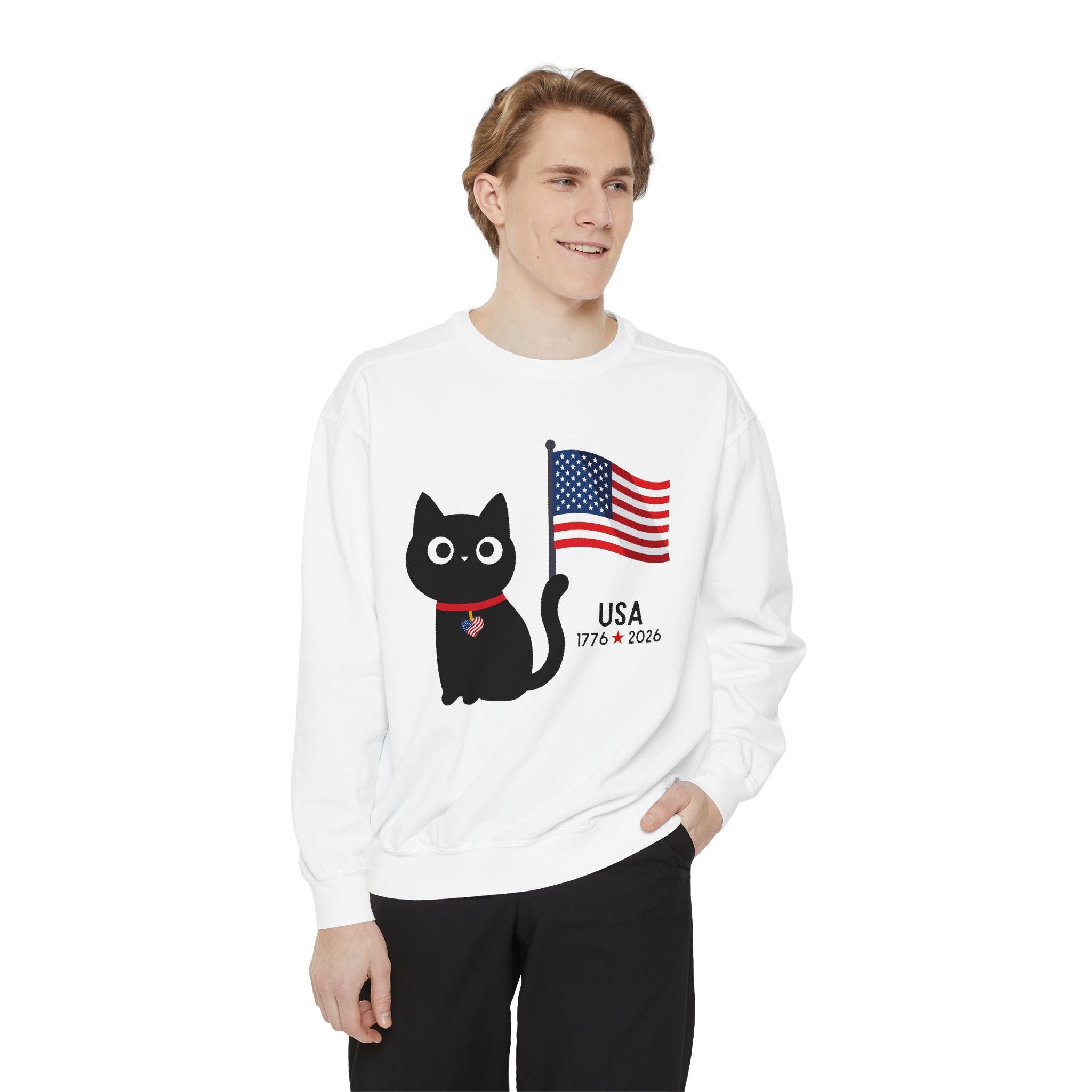 Patriotic Black Cat Sweatshirt — USA Flag 1776–2026