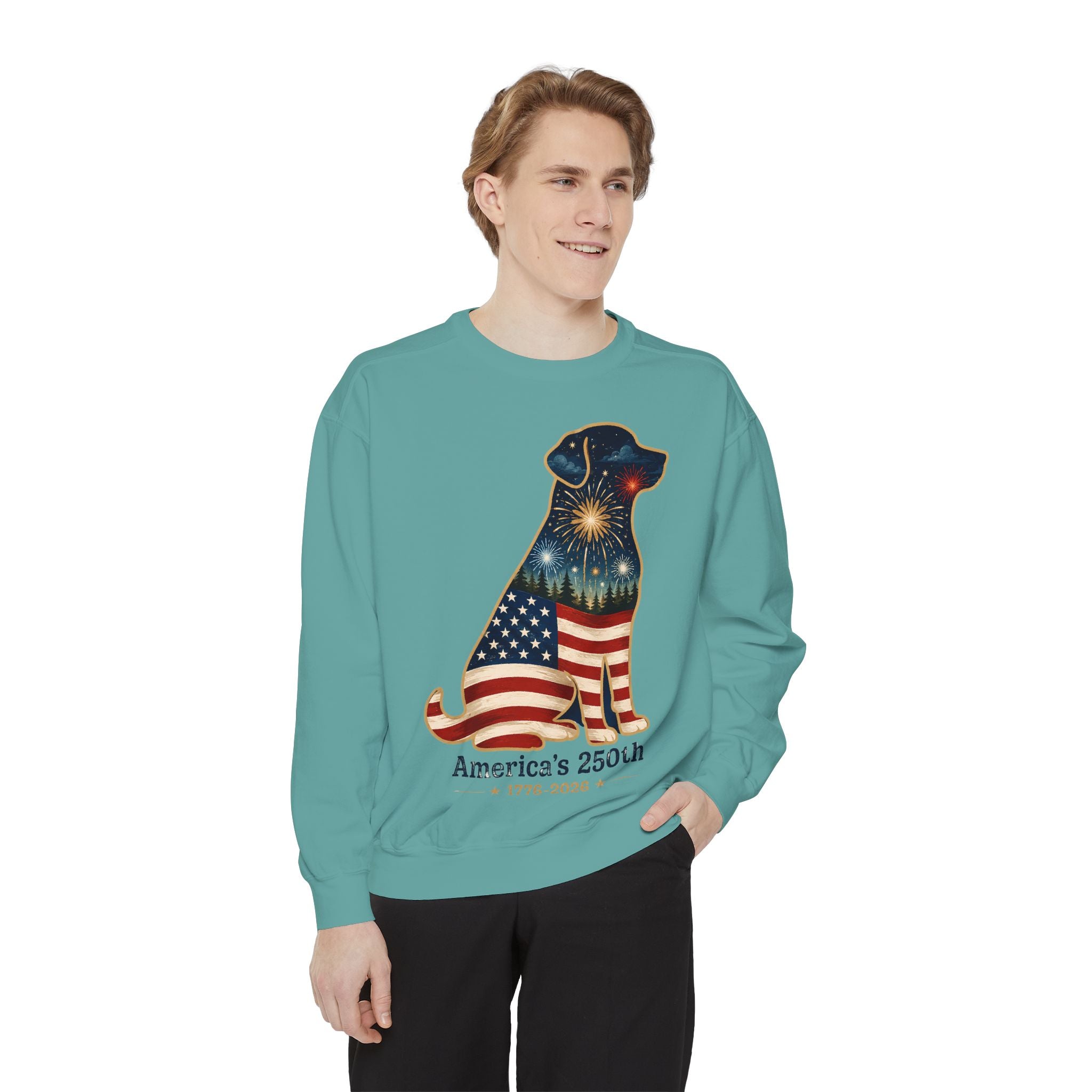 Dog Patriotic Sweatshirt – "America's 250th" Flag Labrador Crewneck