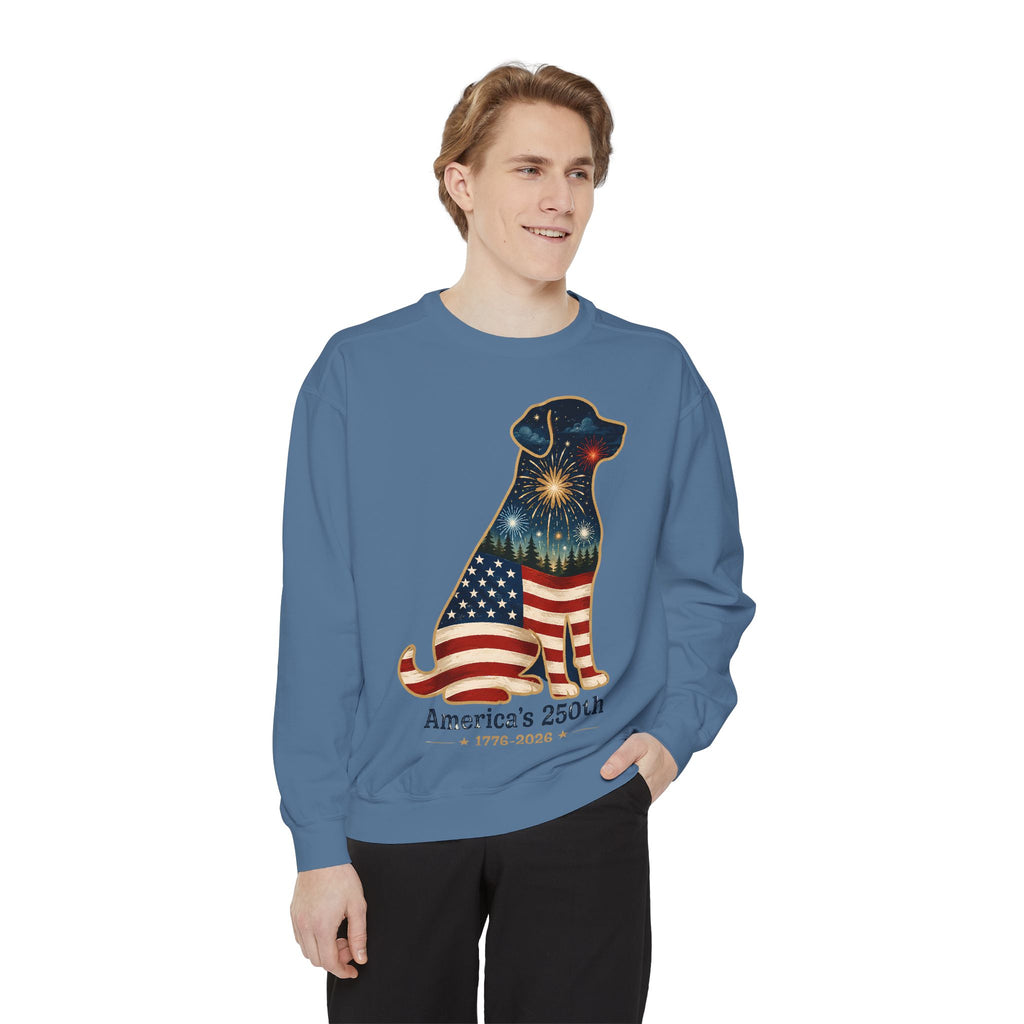 Dog Patriotic Sweatshirt – "America's 250th" Flag Labrador Crewneck