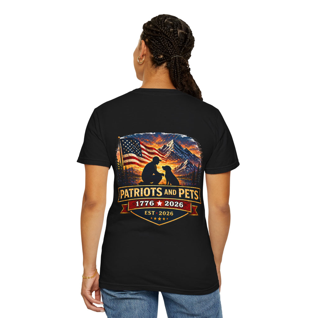 Patriots and Pets T-Shirt – 1776–2026 American Flag & Dog Tribute Tee